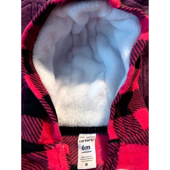 Carter's 6 months girls fleece zip bodysuit hooded pink gingham, heart SOFT WARM - Picture 4 of 5